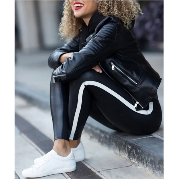 Spanx Faux Leather Stripe Black Leggings Contoured Power Waistband Size Small - Picture 13 of 13